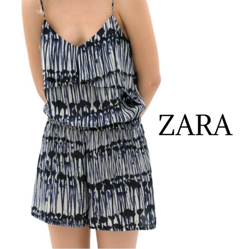 ZARA Navy and White Striped Silk Jumpsuit
